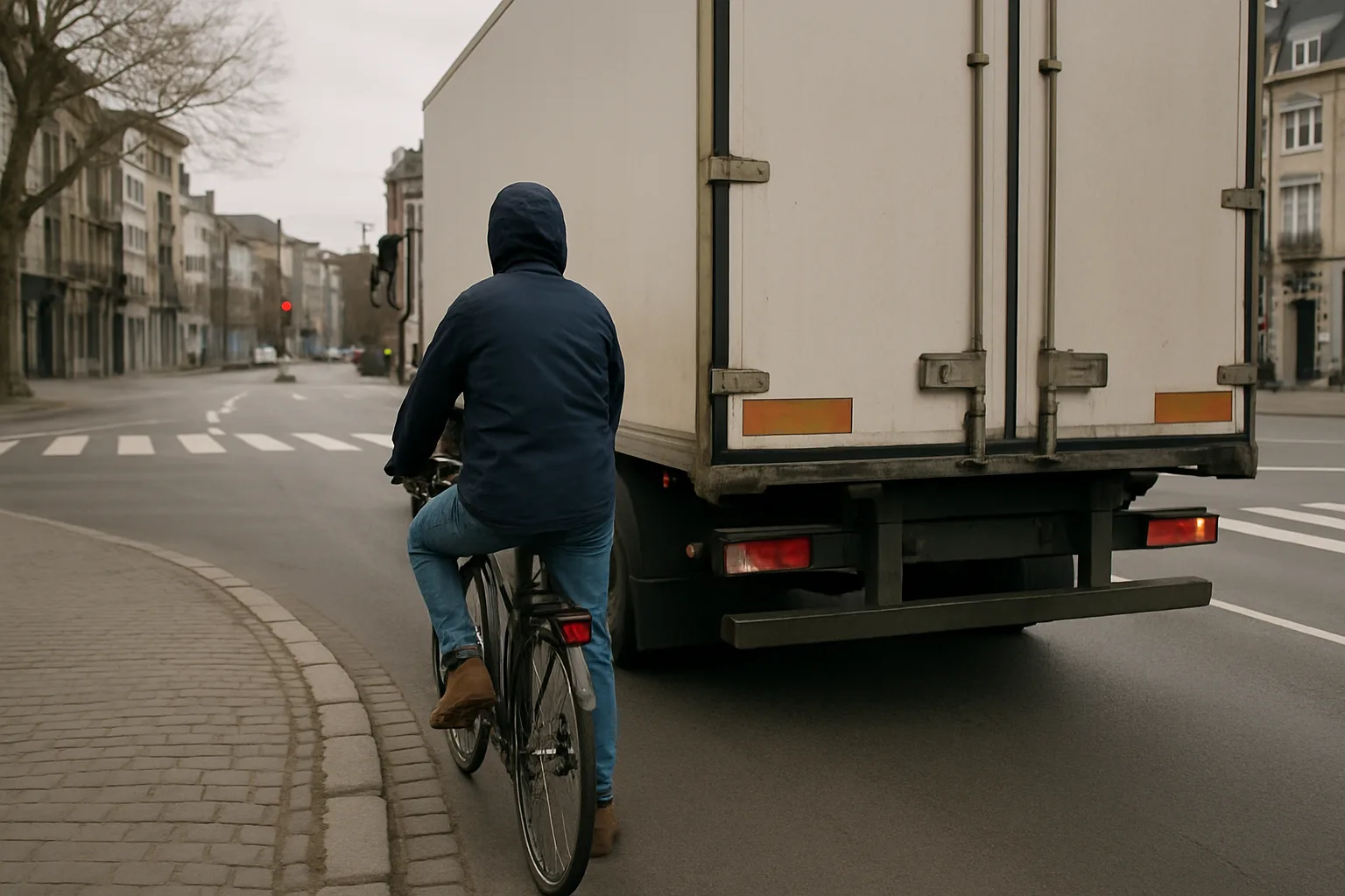 A cyclist stopped to the right of a lorry at a junction, in the blind-spot zone.
