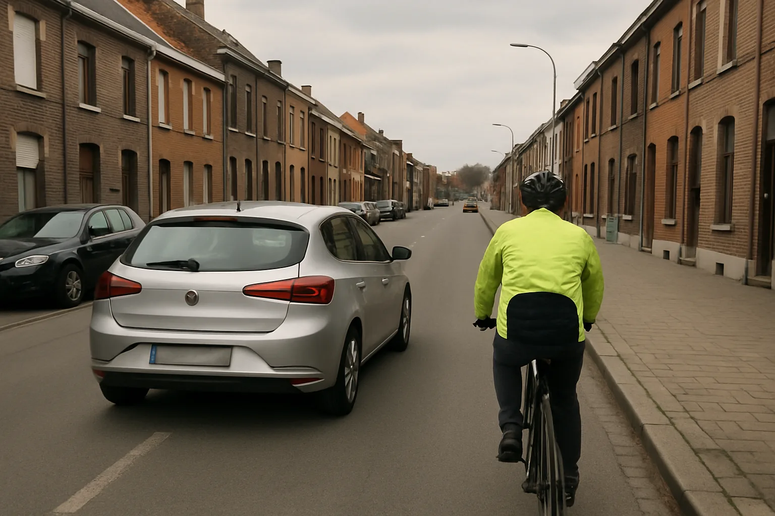 A car overtakes a cyclist leaving a wide lateral gap on a Belgian street.