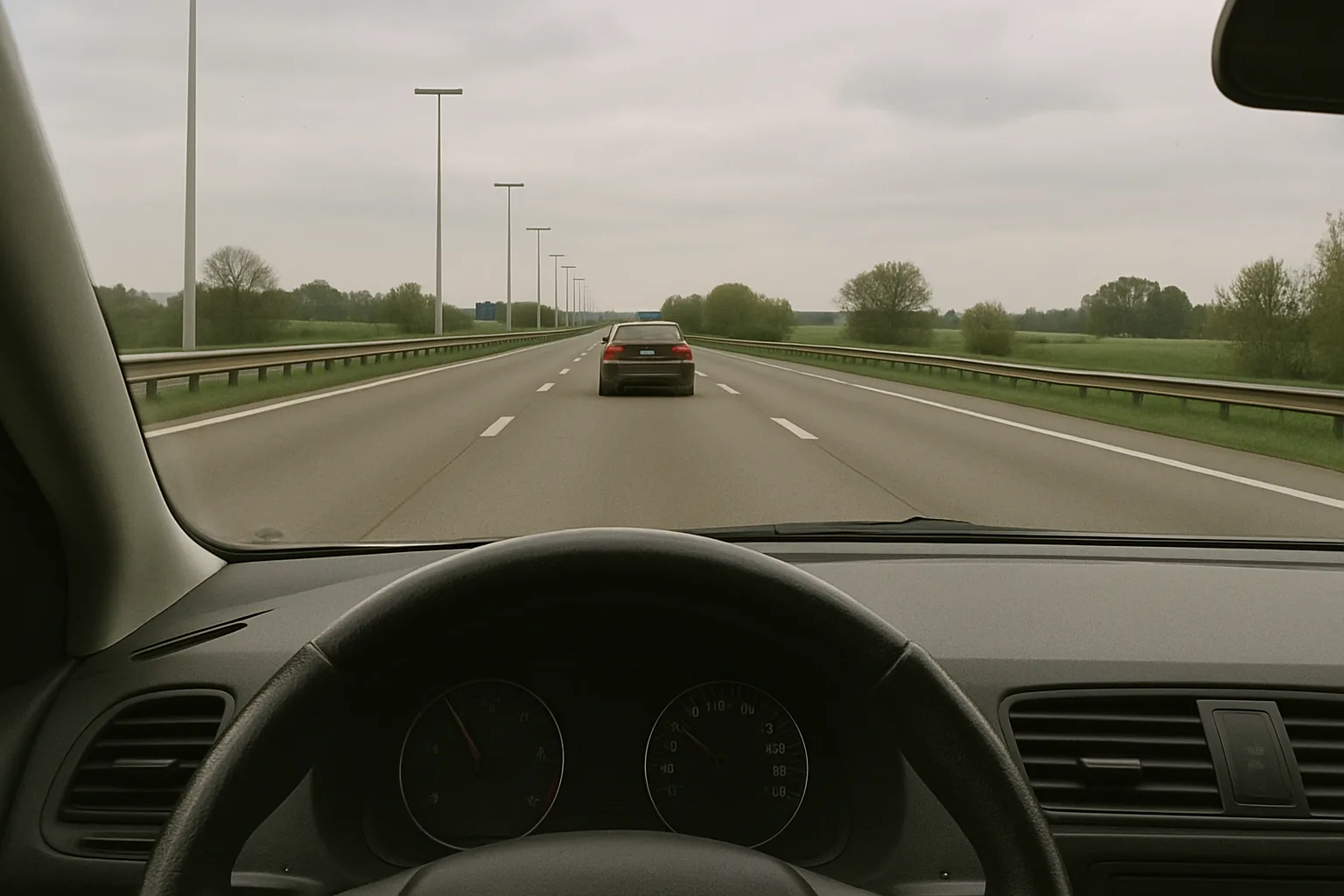 View from inside a car on the motorway, with a car ahead at a safe following distance.