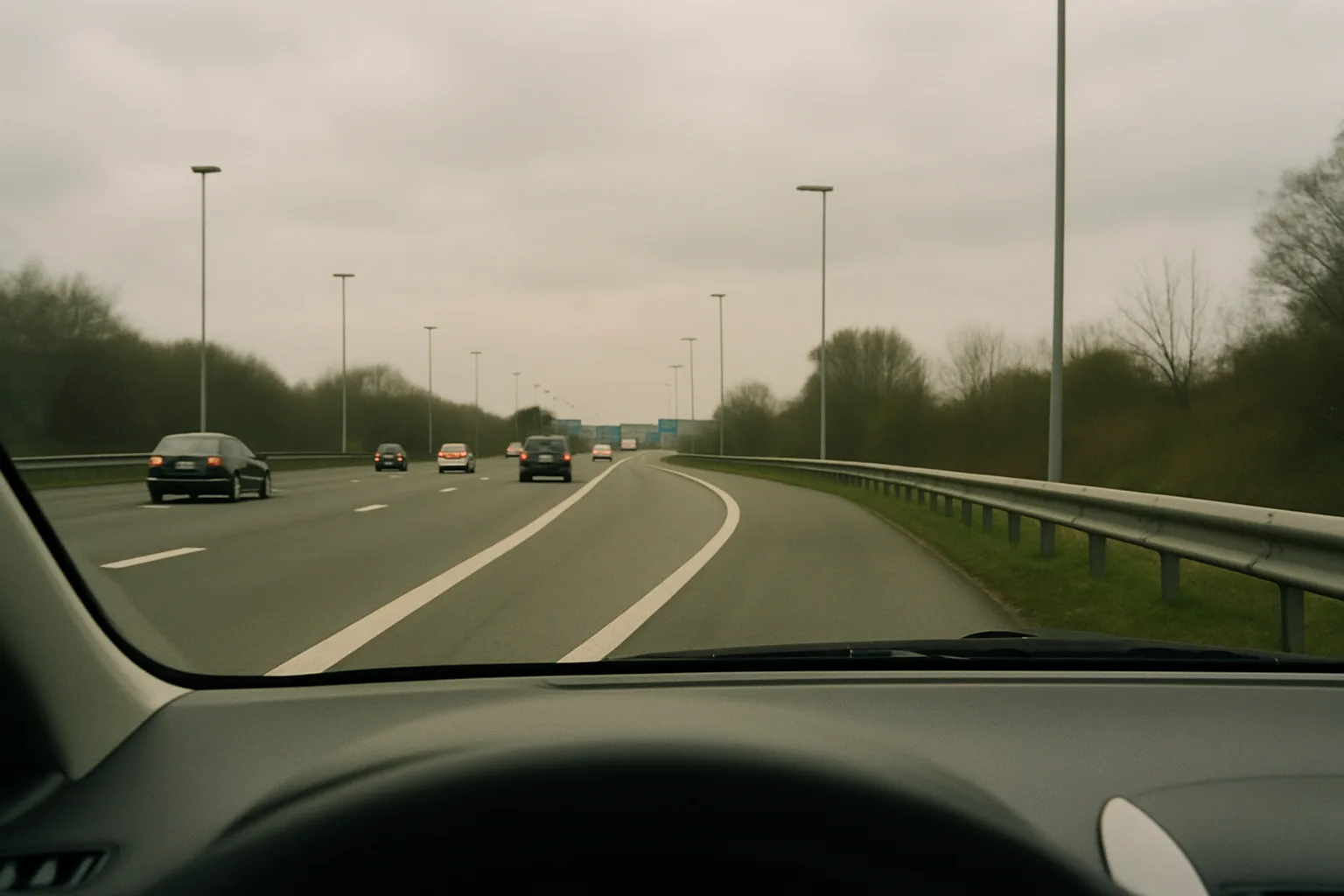 View from inside a car joining the motorway via the acceleration lane.