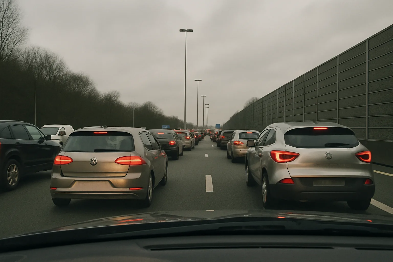 Queues of cars driving slowly across several lanes of a Belgian ring road, seen from inside the car.