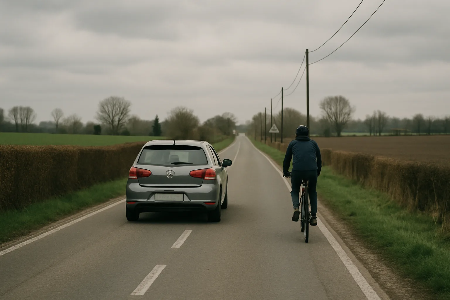 Car overtaking a cyclist while leaving a wide lateral gap on a Belgian road.
