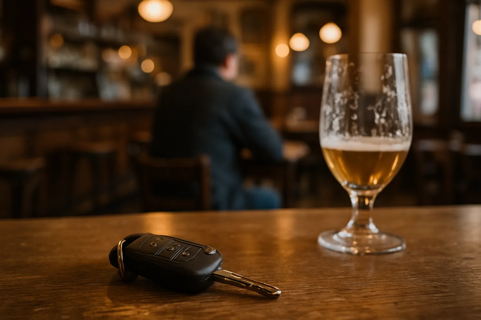Car keys lying on the counter of a Belgian café, a blurred glass in the background.