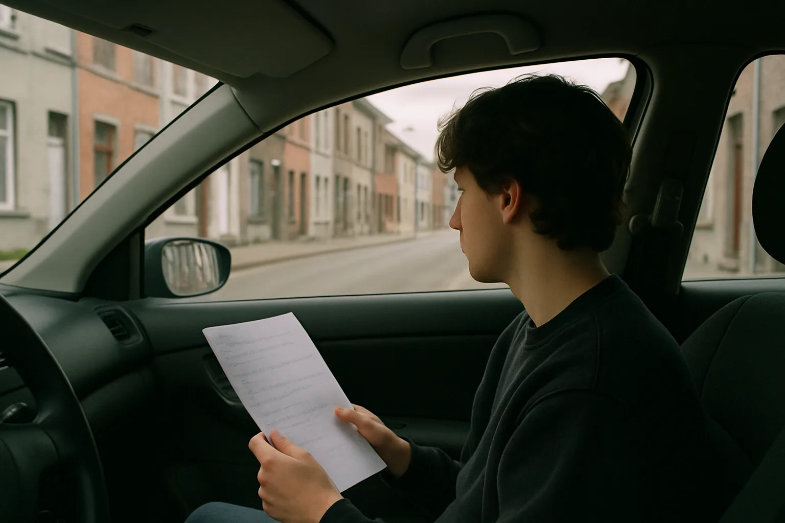 Candidate revising notes in a stationary car before the exam.