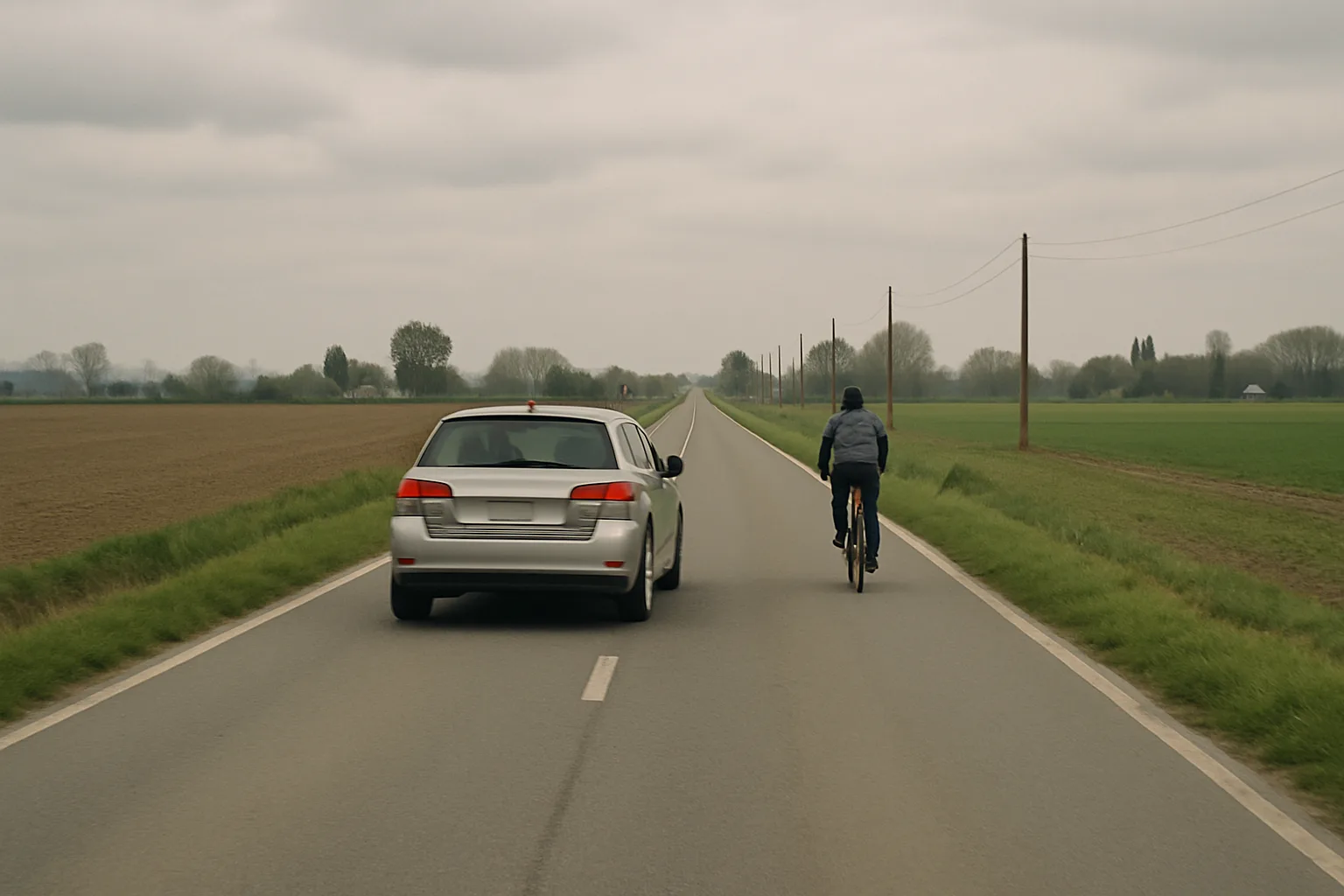 Car overtaking a cyclist with a wide gap on a Belgian country road.