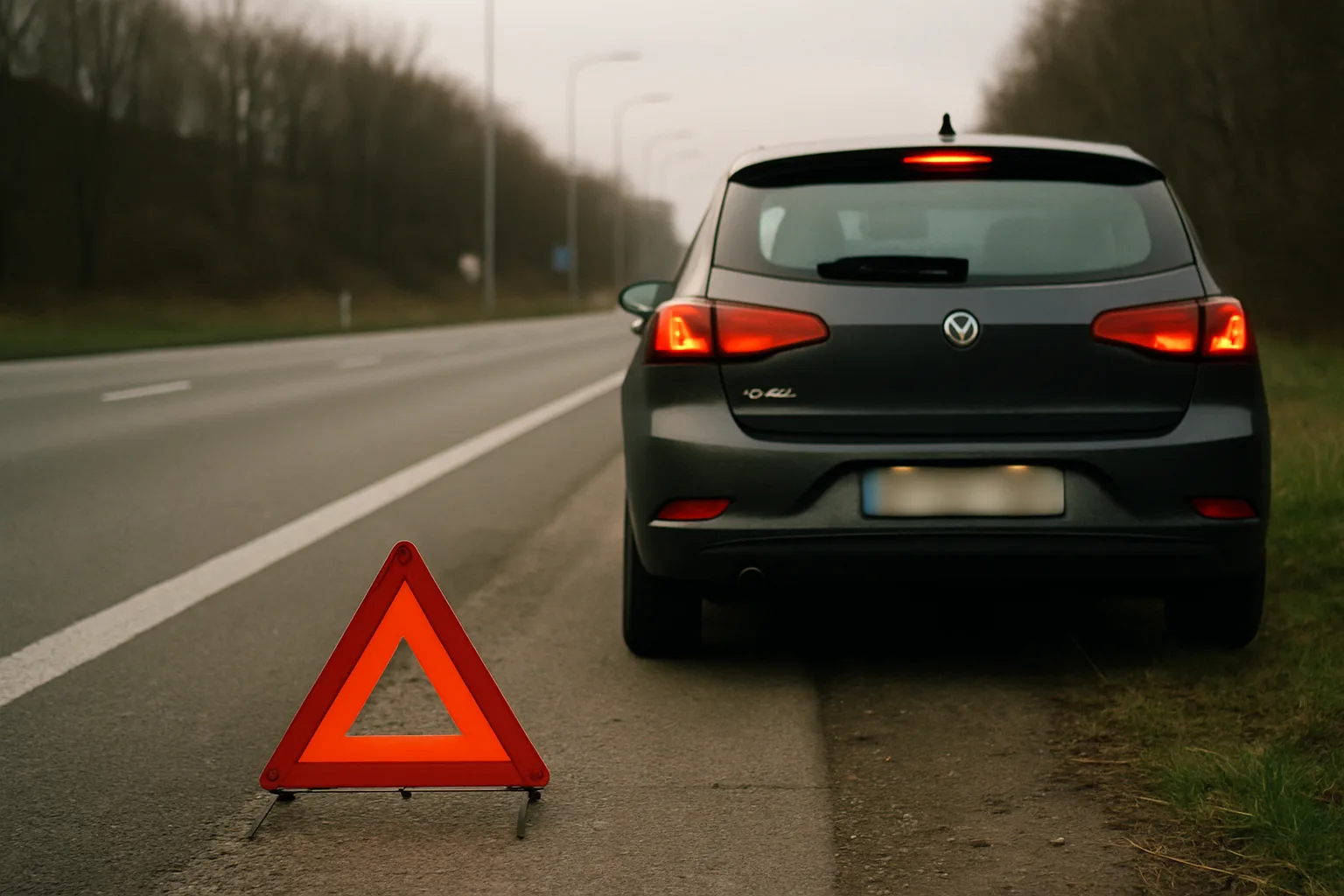 Broken-down car on the verge with a warning triangle and a high-visibility vest.