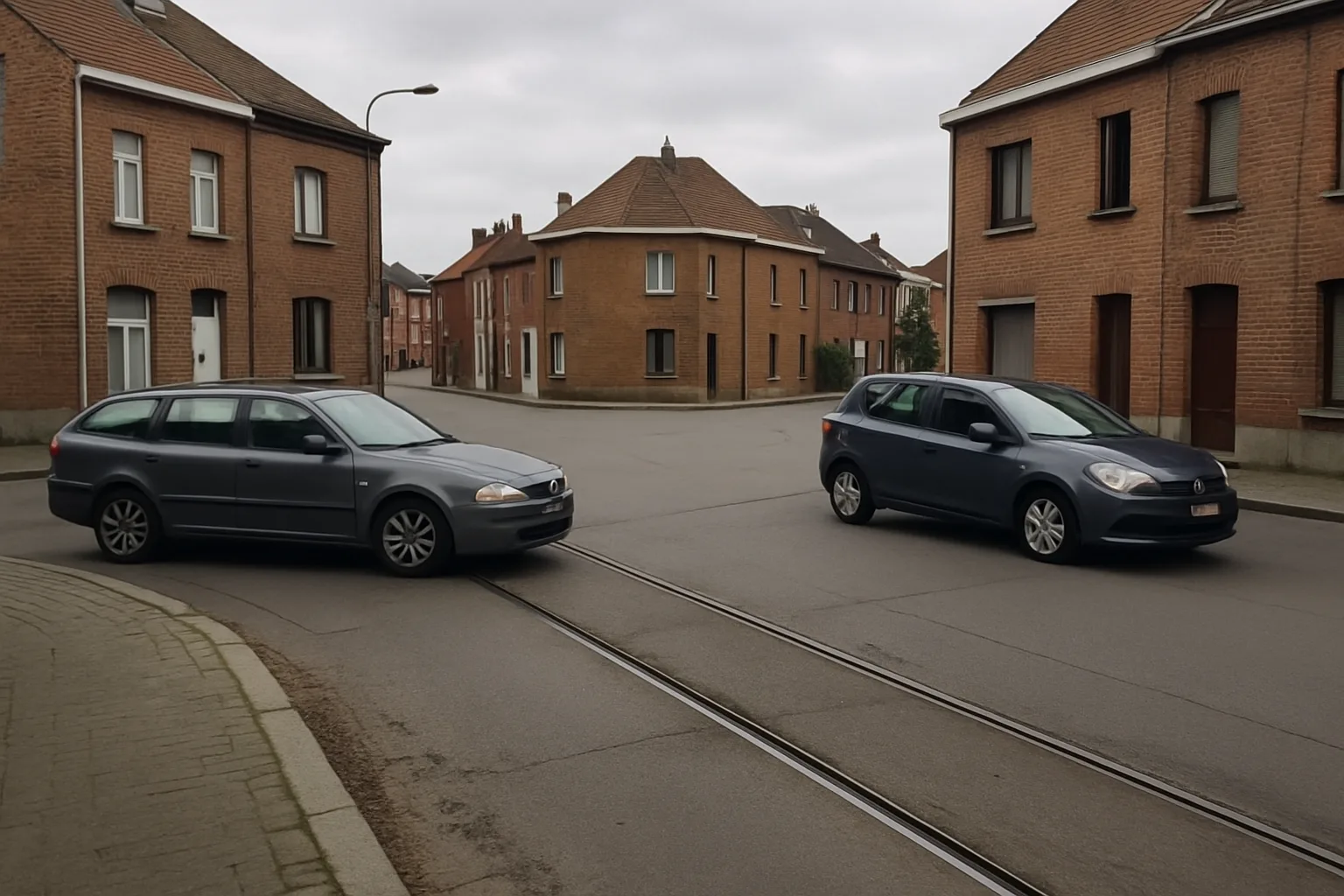 Belgian residential junction without signs or signals where a car gives way.