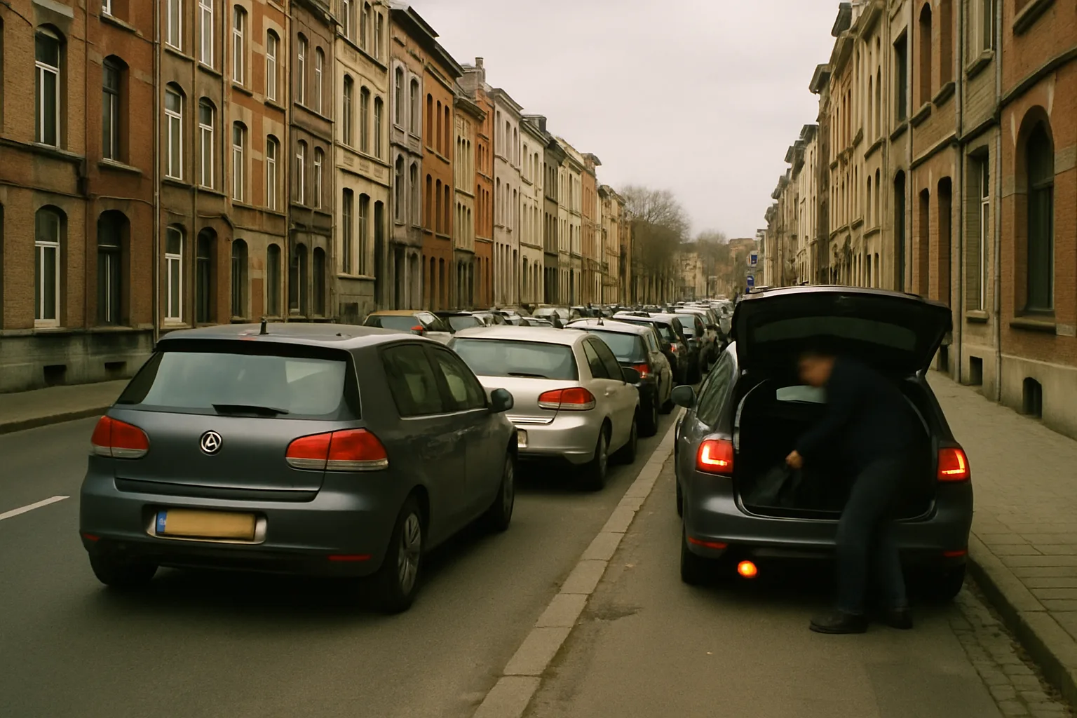 Belgian street with parked cars and one car stopped, hazard lights on.