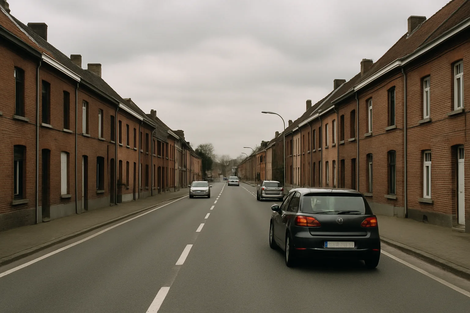 Belgian road passing through a built-up area with calm traffic.