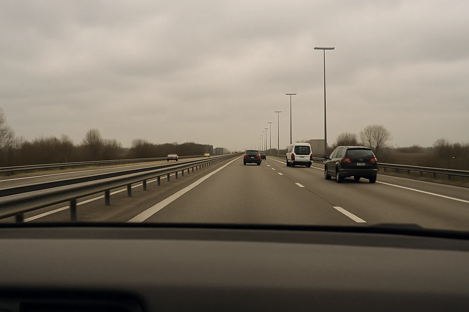 Free-flowing traffic on a Belgian motorway seen from inside a car.