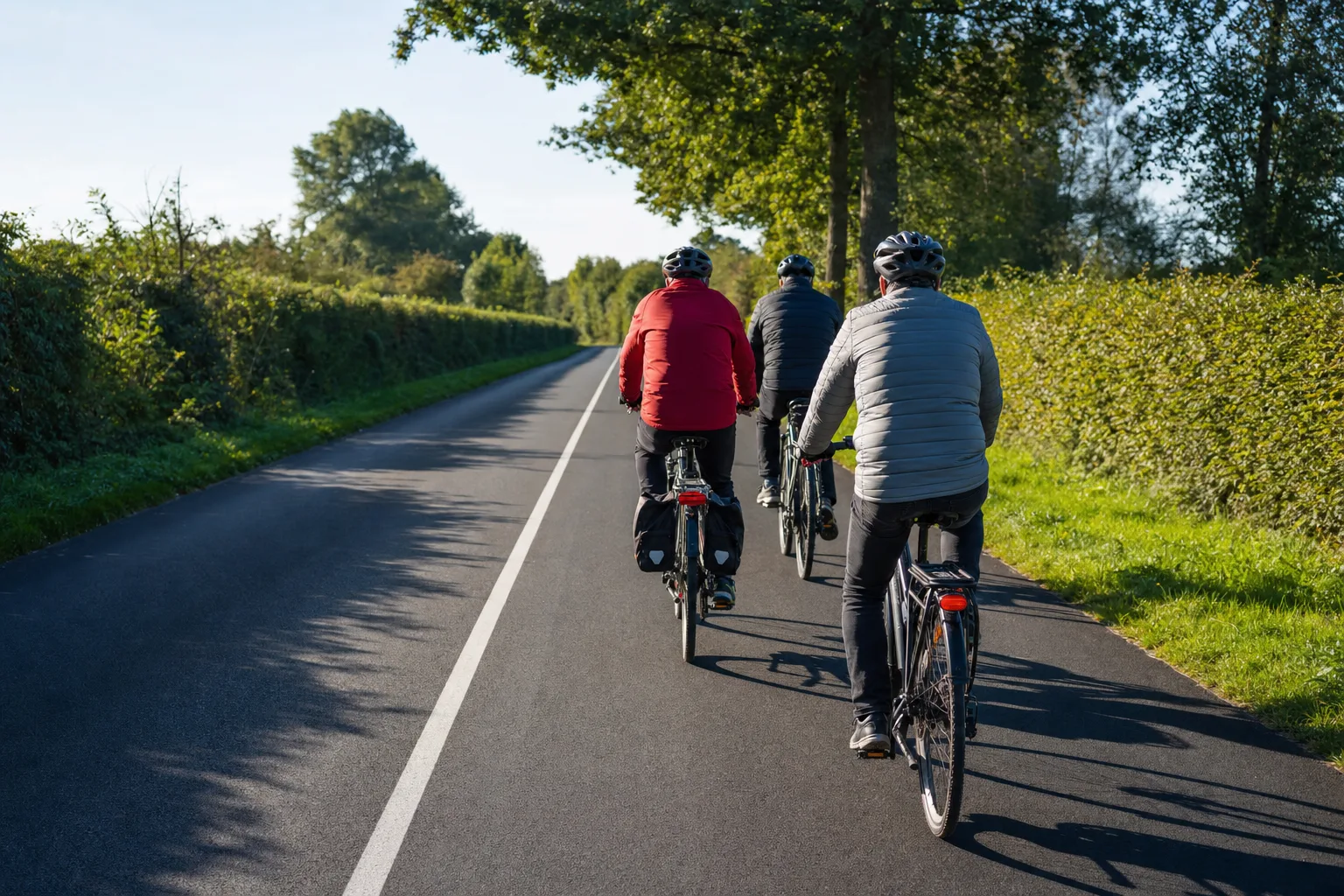 Route de campagne avec ligne blanche continue au centre, trois cyclistes devant
