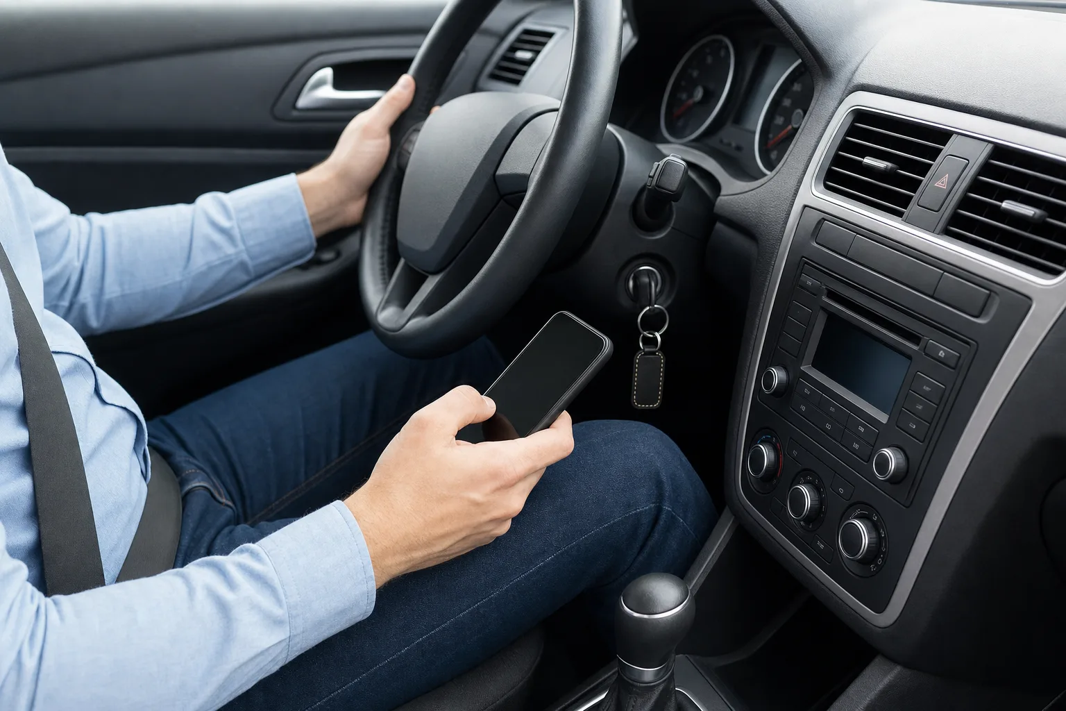 Conducteur tenant son téléphone en main au volant