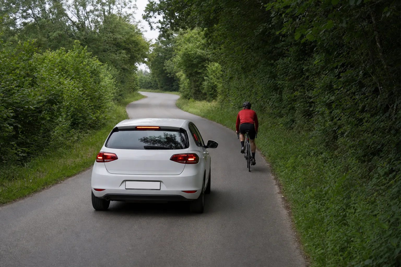 Voiture roulant derrière un cycliste à l'approche d'un virage sans visibilité