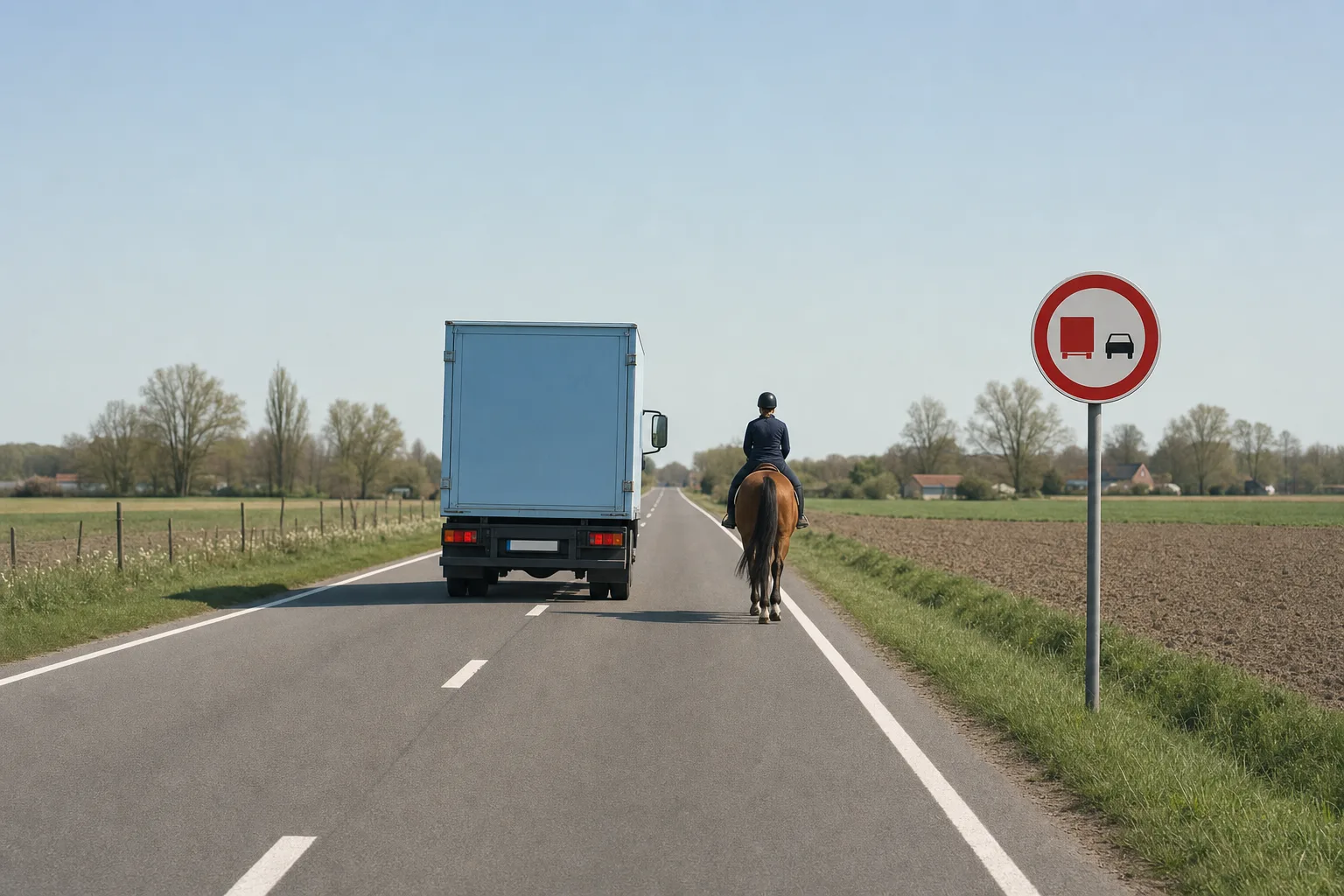 Cavalier sur la chaussée derrière un camion