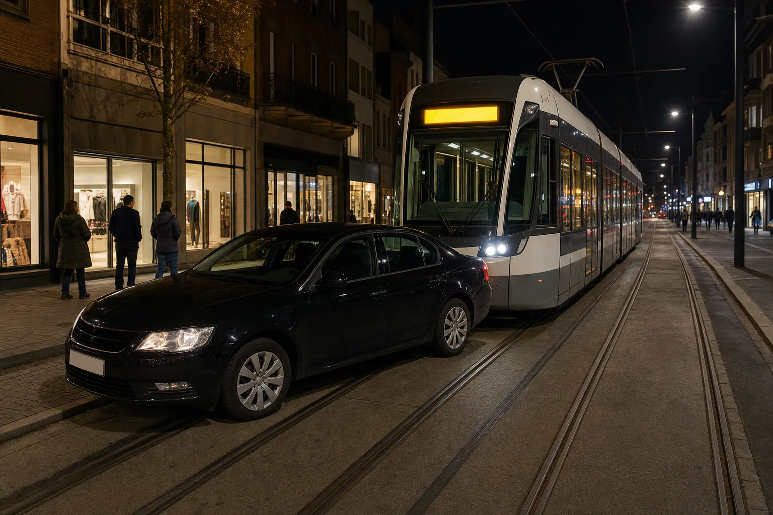 De nuit, une voiture immobilisée sur les rails bloque un tram