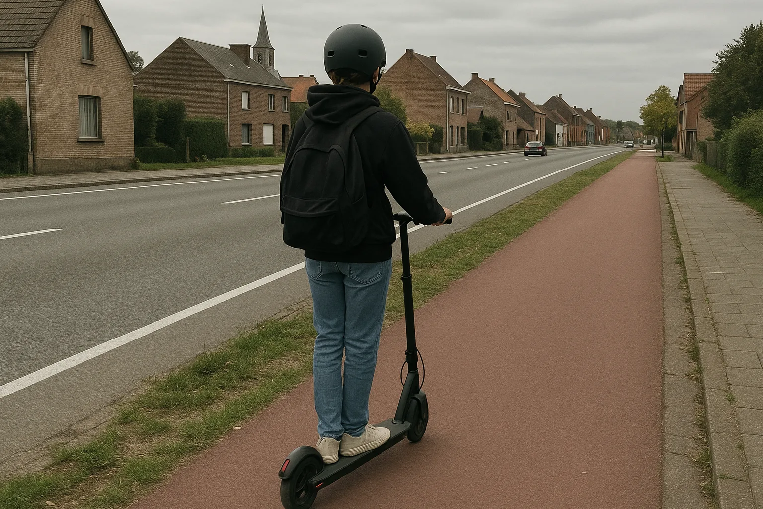 Rue belge avec chaussée, piste cyclable et trottoir