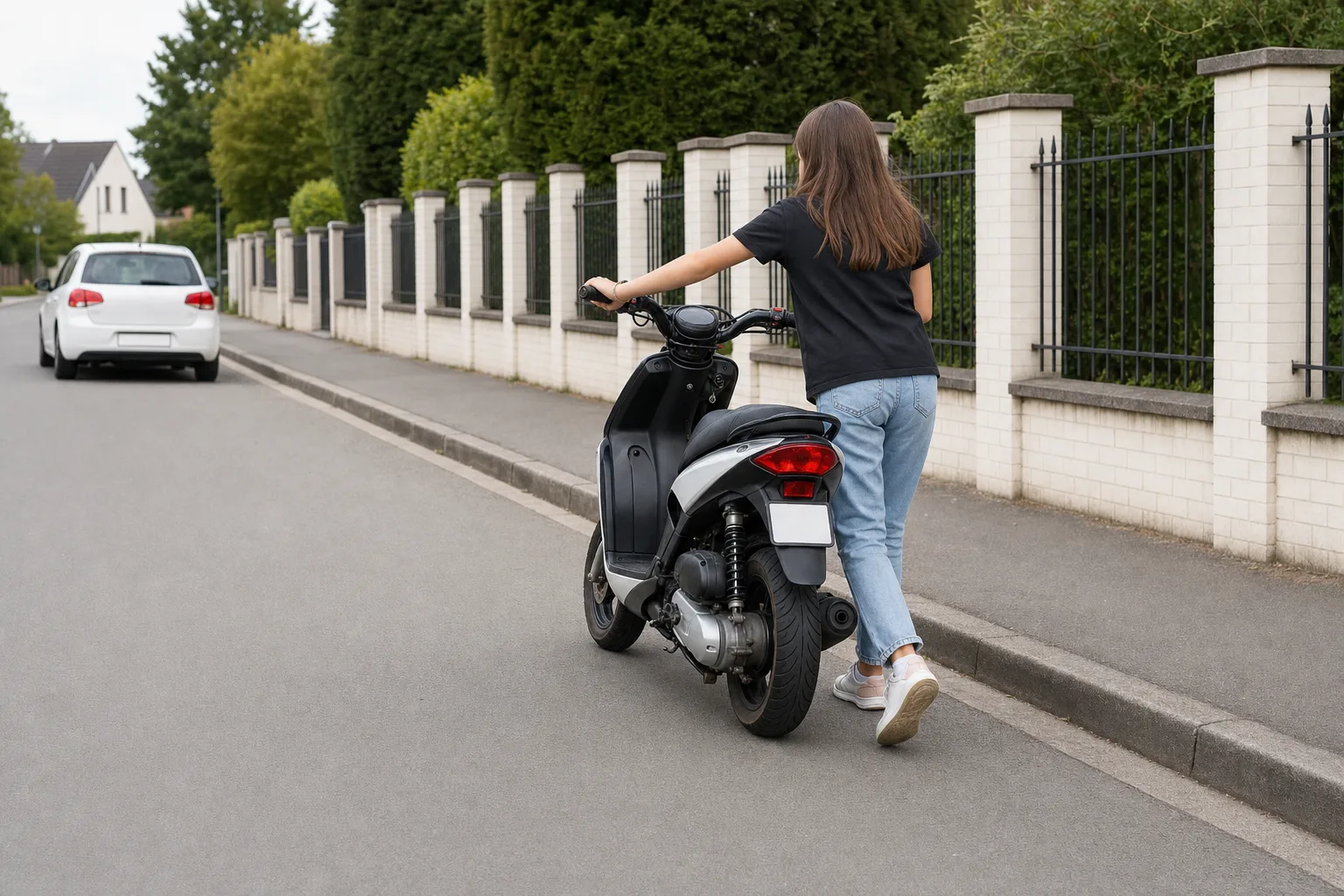 Jeune fille poussant un cyclomoteur à la main sur la chaussée