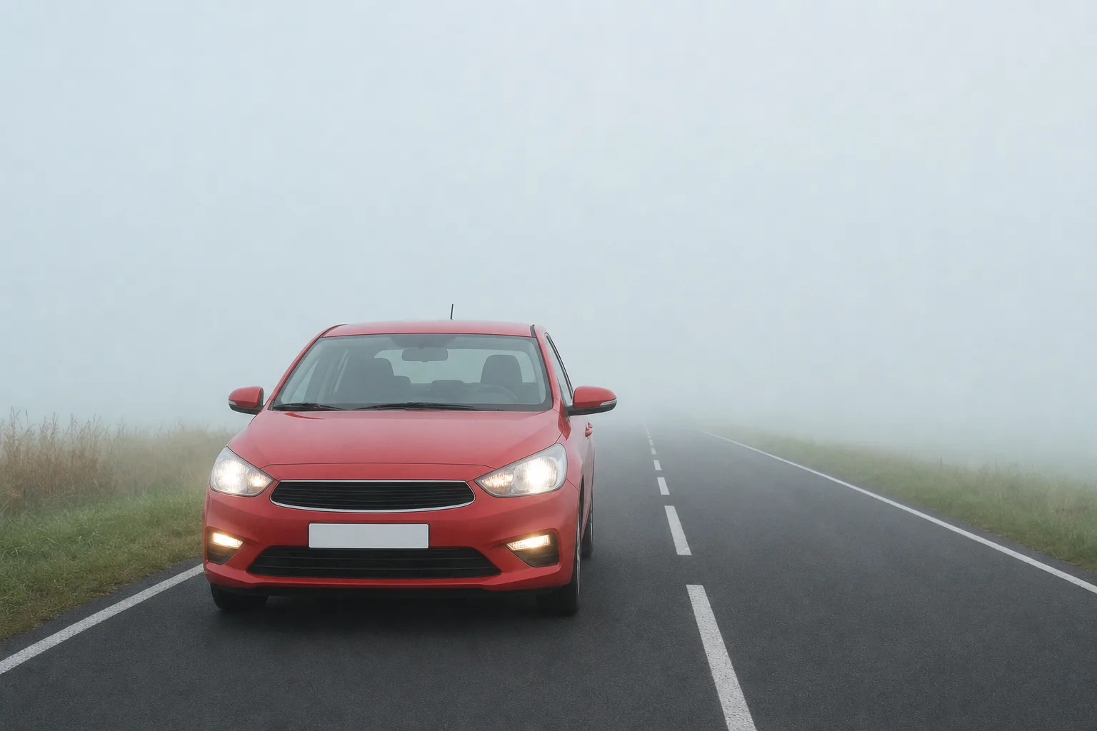 Voiture rouge phares allumés sur une route plongée dans un brouillard dense