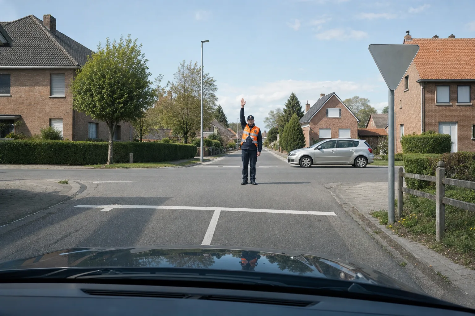 Agent en gilet orange au milieu d'un carrefour, bras levé verticalement