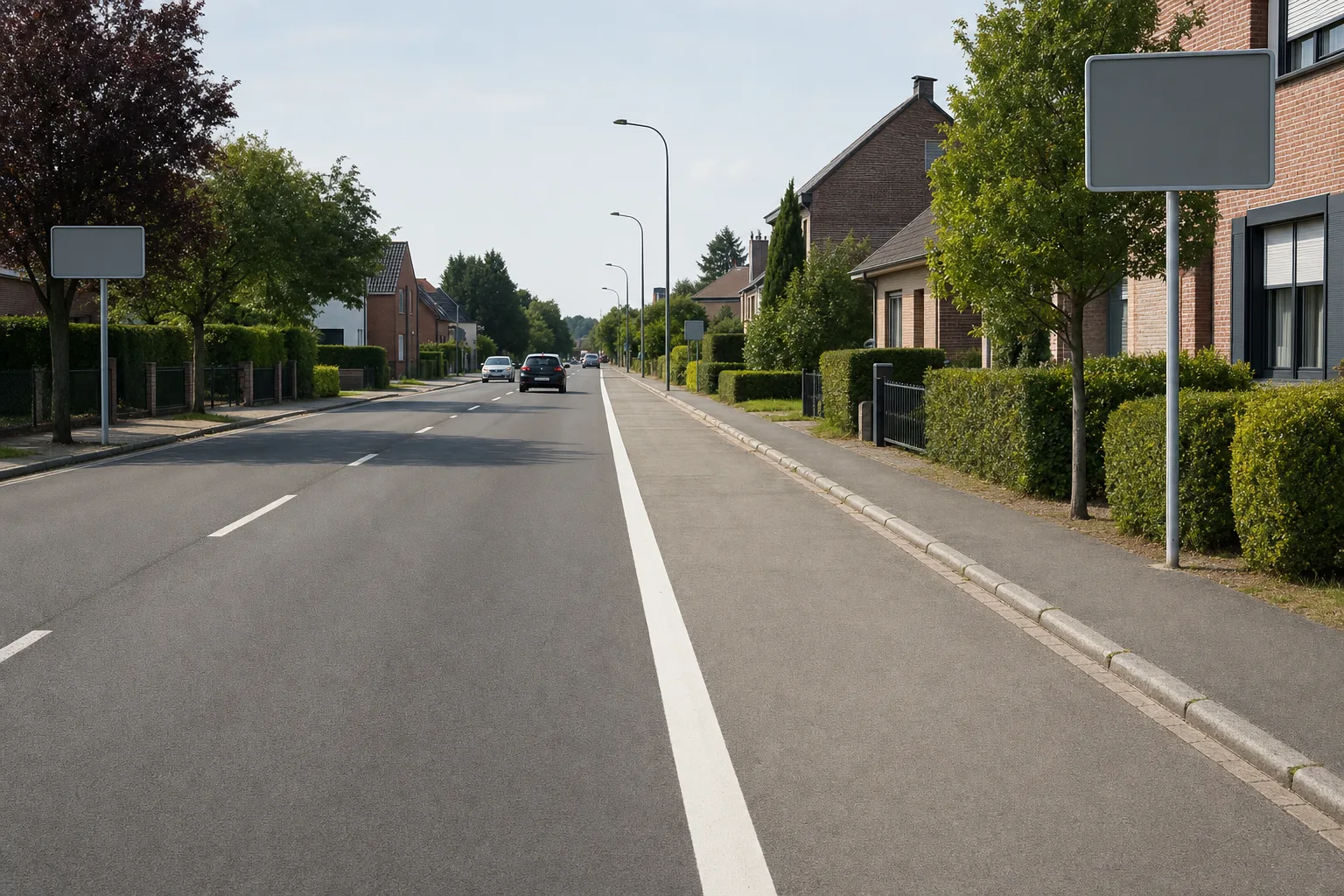 Rue bordée d'une large ligne blanche continue le long du bord droit