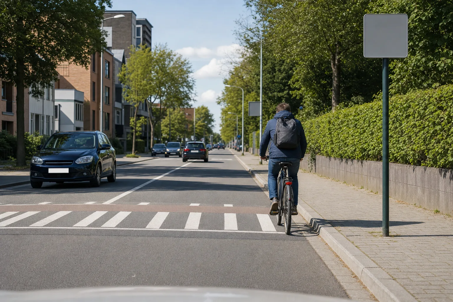 Cycliste roulant sur la chaussée en ville, parmi les voitures